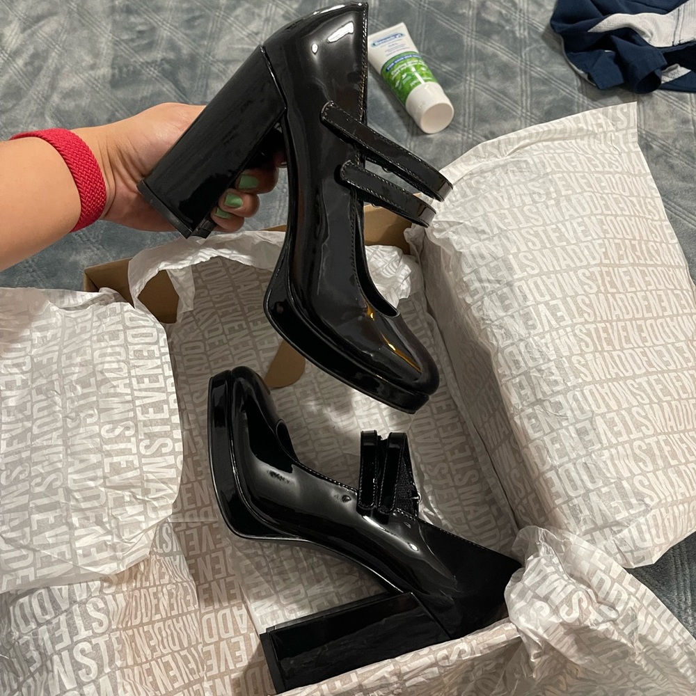 black patent heels from steve madden